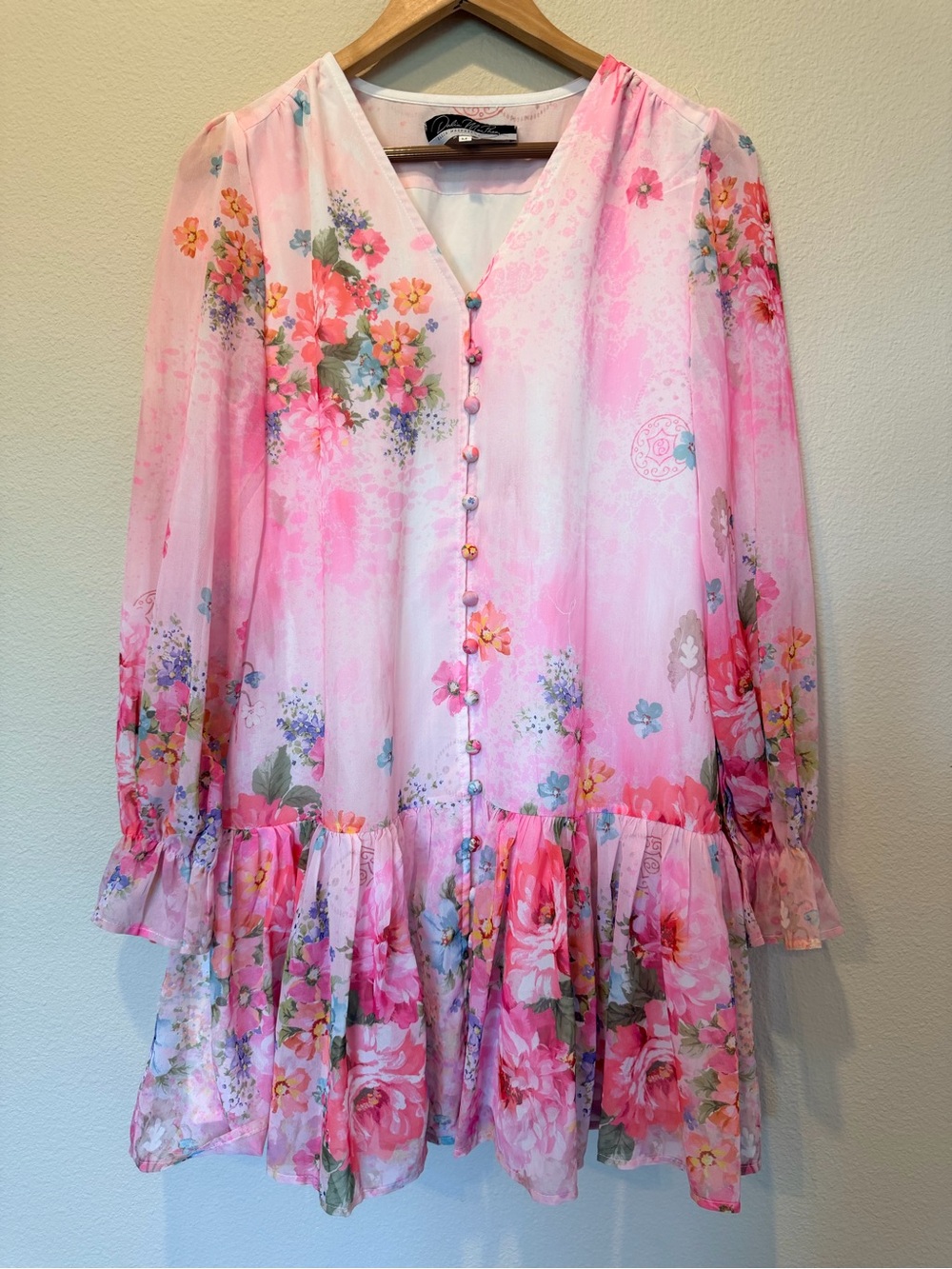 Dalia MacPhee Pink Floral Ruffle Dress Size Medium #0486